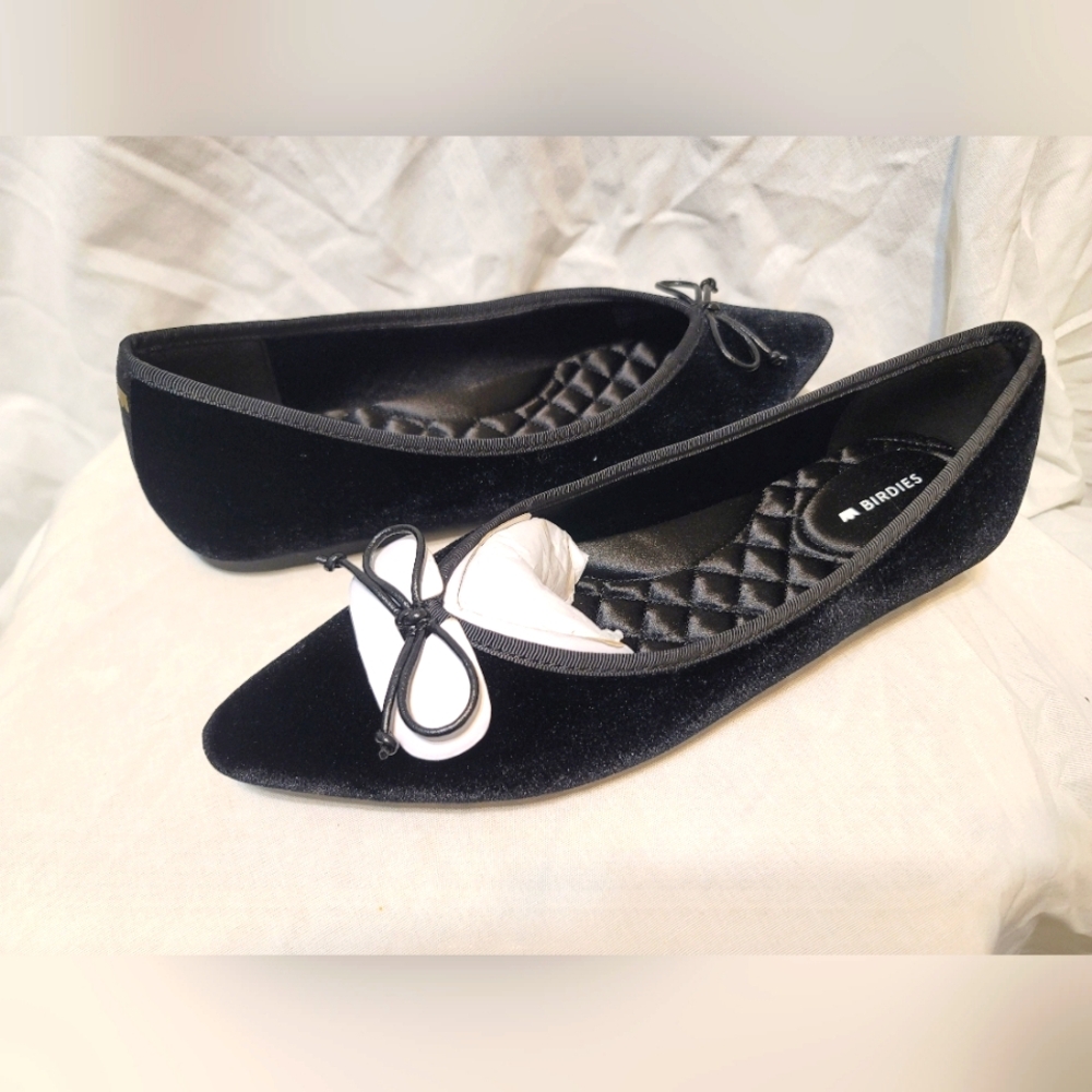 Birdies Goldfinch Flat Shoes Womens Sz 8.5 Black Velvet Slip-On Pointed Toe Bow
